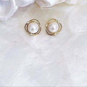 Vintage Gold Tone CZ Faux Pearl Statement Earrings